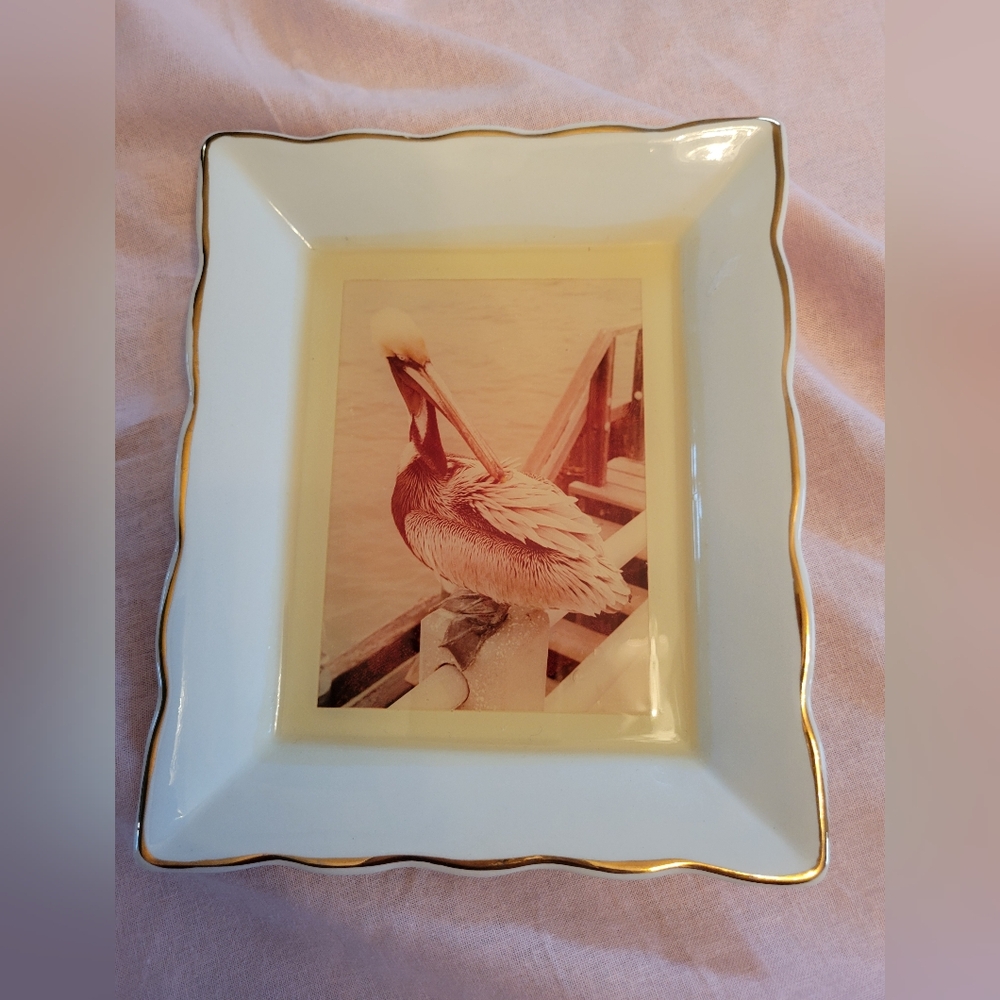 Vintage Porcelain Trinket Dish With Pelican ~ Made in England ~ Coastal ~ Beach